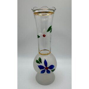 Vintage Glass Vase Bartlett Collins hand painted 9" flowers Blue & Gold Frosted